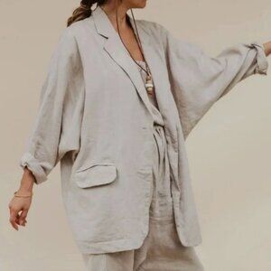 Myrah Penaloza Linen Oversized Gray Eagle Blazer One Size Pocket Shell Button